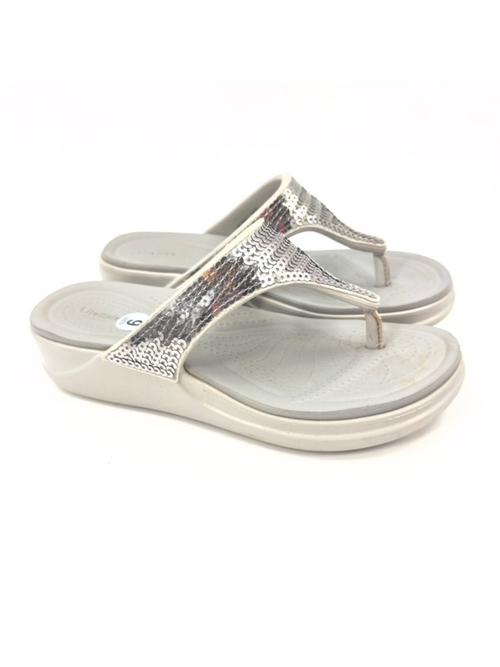 Crocs Boca Wedge Sandals Womens 6 Silver Sequin Thong Flip Flop Platform Beachy
